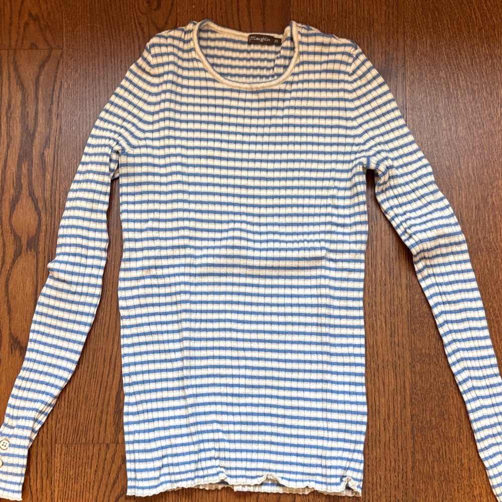 J. McLaughlin Cream & Blue Ribbed Striped Crewneck Sweater